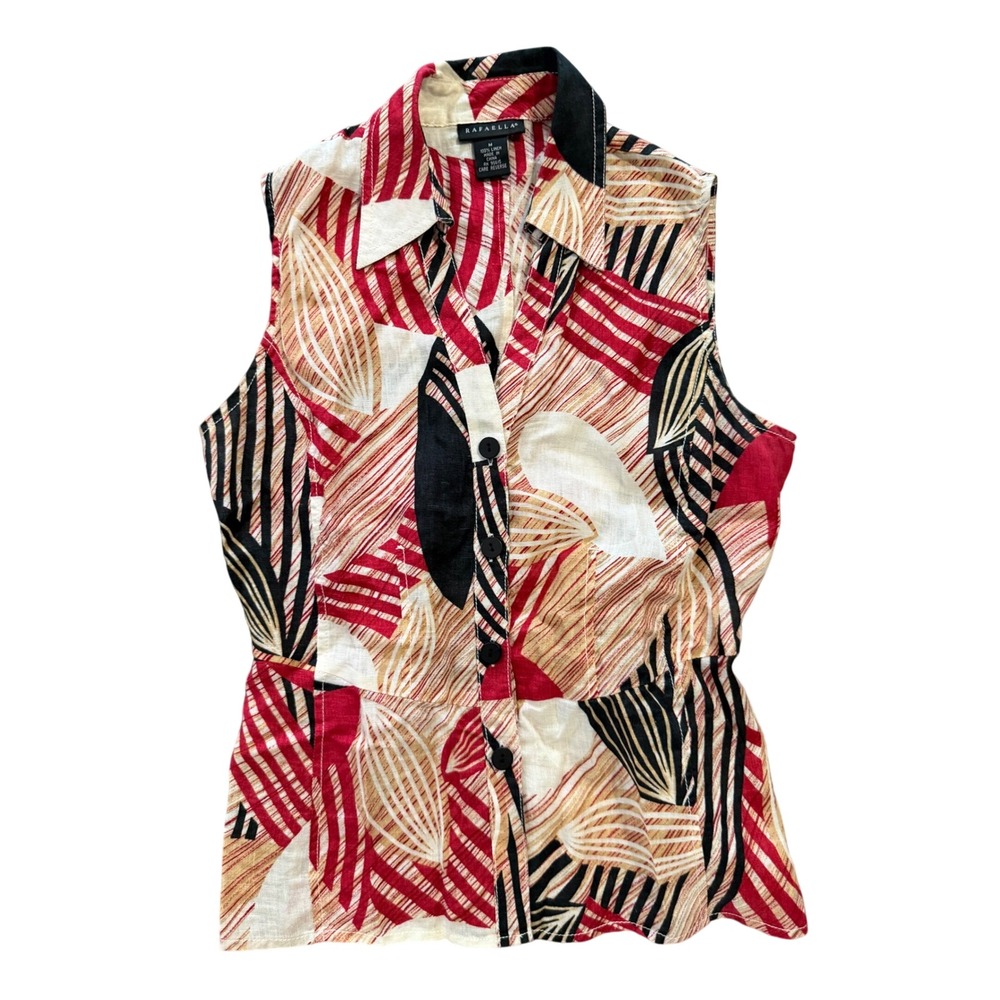 Rafaella Womens Medium Red Black Tan Abstract Leaf Print 100% Linen Top